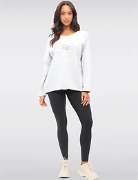 Sunflower Appliqué Sequins & Adjustable Drawstring Hemline Knit Top by Froccella