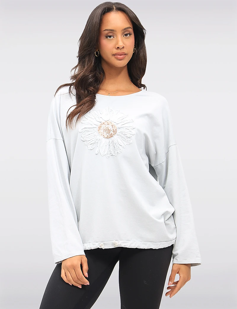 Sunflower Appliqué Sequins & Adjustable Drawstring Hemline Knit Top by Froccella