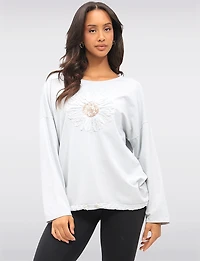 Sunflower Appliqué Sequins & Adjustable Drawstring Hemline Knit Top by Froccella