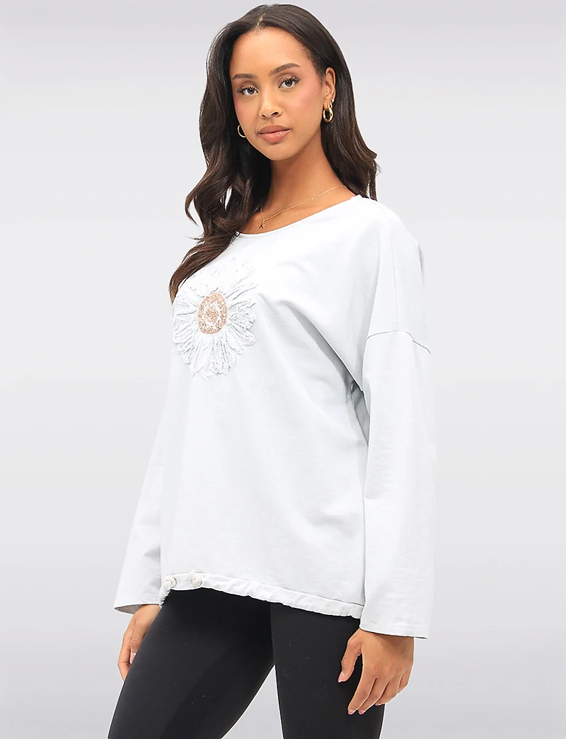 Sunflower Appliqué Sequins & Adjustable Drawstring Hemline Knit Top by Froccella
