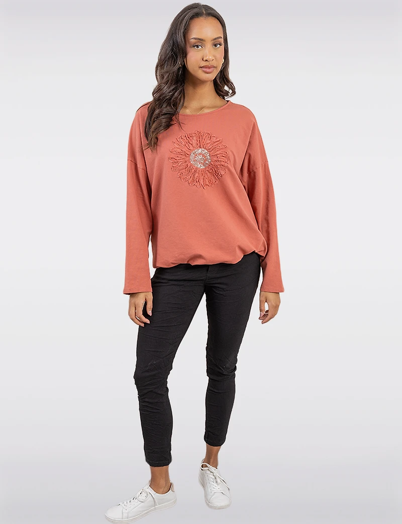 Sunflower Appliqué Sequins & Adjustable Drawstring Hemline Knit Top by Froccella
