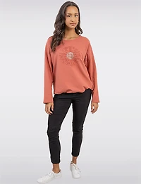 Sunflower Appliqué Sequins & Adjustable Drawstring Hemline Knit Top by Froccella
