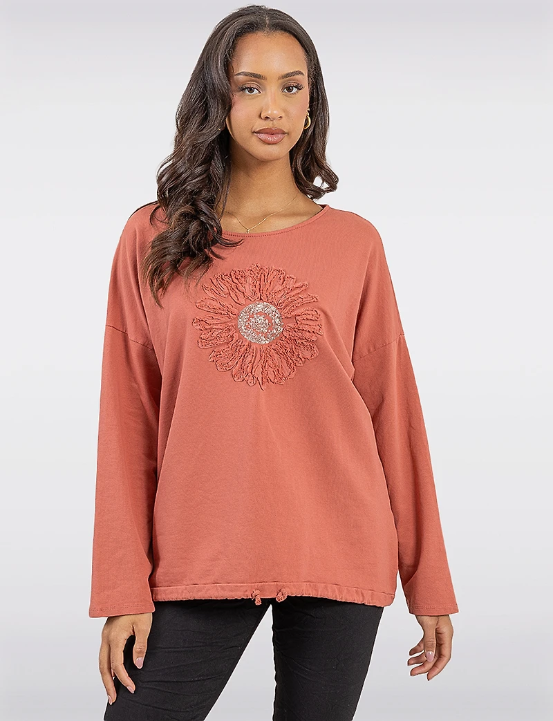 Sunflower Appliqué Sequins & Adjustable Drawstring Hemline Knit Top by Froccella