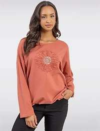 Sunflower Appliqué Sequins & Adjustable Drawstring Hemline Knit Top by Froccella