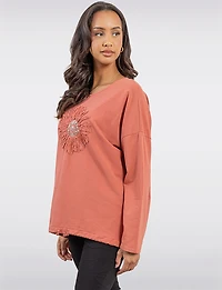 Sunflower Appliqué Sequins & Adjustable Drawstring Hemline Knit Top by Froccella
