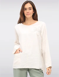 Lightweight Crinkled Flowy 3/4 Sleeve Flower Applique Top by Froccella