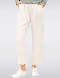 Lightweight Flowy Stretch Pull-On Pants with Floral Appliqué by Froccella