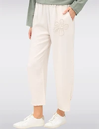 Lightweight Flowy Stretch Pull-On Pants with Floral Appliqué by Froccella