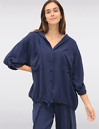 Versatile Button-Front Hooded Top with 3/4 Sleeves & Chest Pockets by Froccella