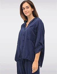 Versatile Button-Front Hooded Top with 3/4 Sleeves & Chest Pockets by Froccella