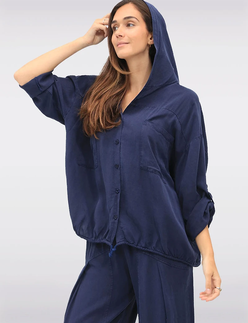 Versatile Button-Front Hooded Top with 3/4 Sleeves & Chest Pockets by Froccella