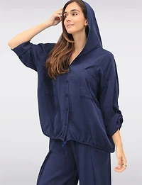 Versatile Button-Front Hooded Top with 3/4 Sleeves & Chest Pockets by Froccella