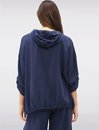 Versatile Button-Front Hooded Top with 3/4 Sleeves & Chest Pockets by Froccella