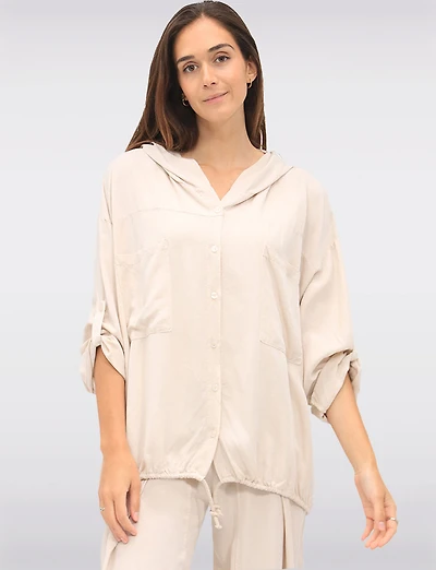 Versatile Button-Front Hooded Top with 3/4 Sleeves & Chest Pockets by Froccella