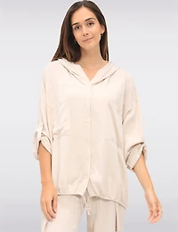 Versatile Button-Front Hooded Top with 3/4 Sleeves & Chest Pockets by Froccella