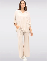 Versatile Button-Front Hooded Top with 3/4 Sleeves & Chest Pockets by Froccella
