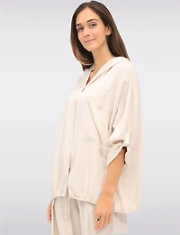 Versatile Button-Front Hooded Top with 3/4 Sleeves & Chest Pockets by Froccella