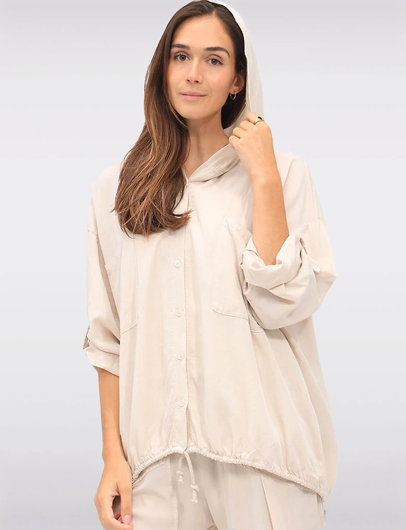 Versatile Button-Front Hooded Top with 3/4 Sleeves & Chest Pockets by Froccella
