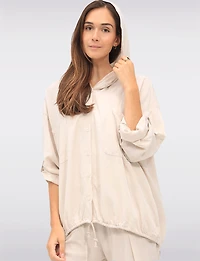 Versatile Button-Front Hooded Top with 3/4 Sleeves & Chest Pockets by Froccella