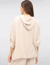 Versatile Button-Front Hooded Top with 3/4 Sleeves & Chest Pockets by Froccella