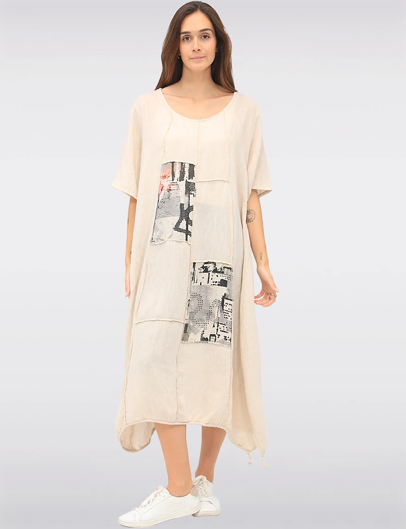 Patchwork Linen-Cotton Maxi Dress with Adjustable Bubble Hem by Froccella