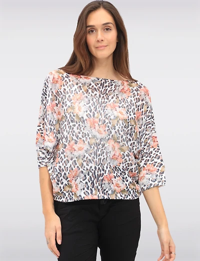 Leopard Print 3/4 Dolman Sleeves Knit Top With Round Neck by Froccella