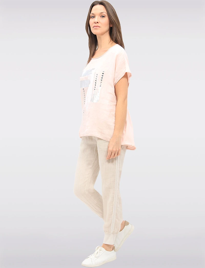 Linen-Cotton Cap Sleeve Top with Rhinestone & Foil Print by Froccella
