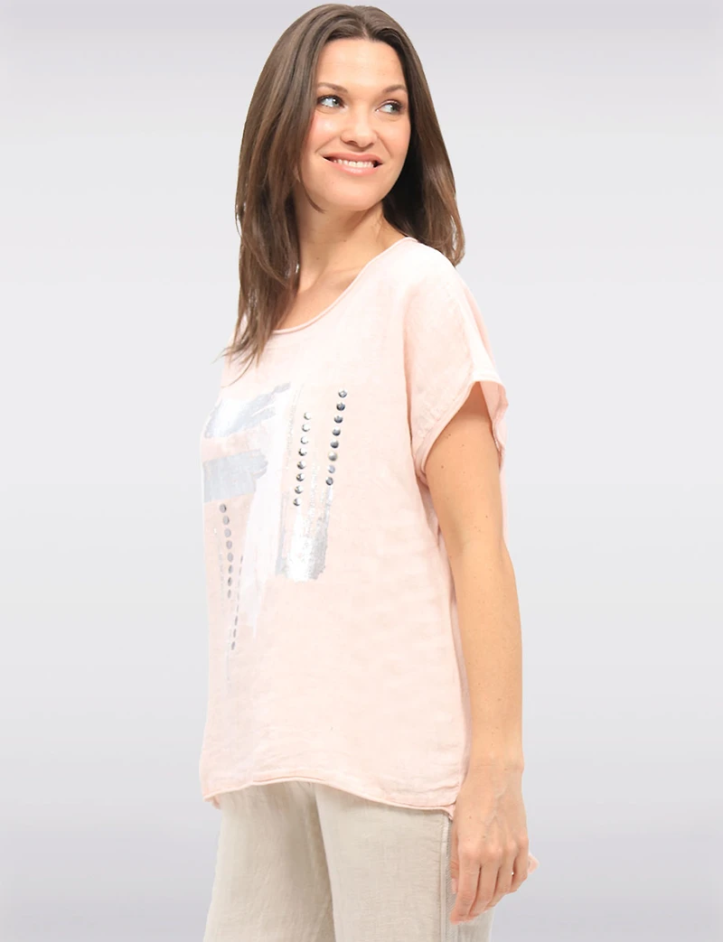 Linen-Cotton Cap Sleeve Top with Rhinestone & Foil Print by Froccella