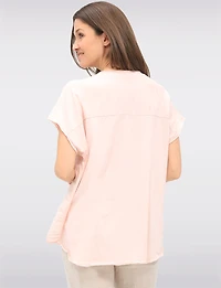 Linen-Cotton Cap Sleeve Top with Rhinestone & Foil Print by Froccella