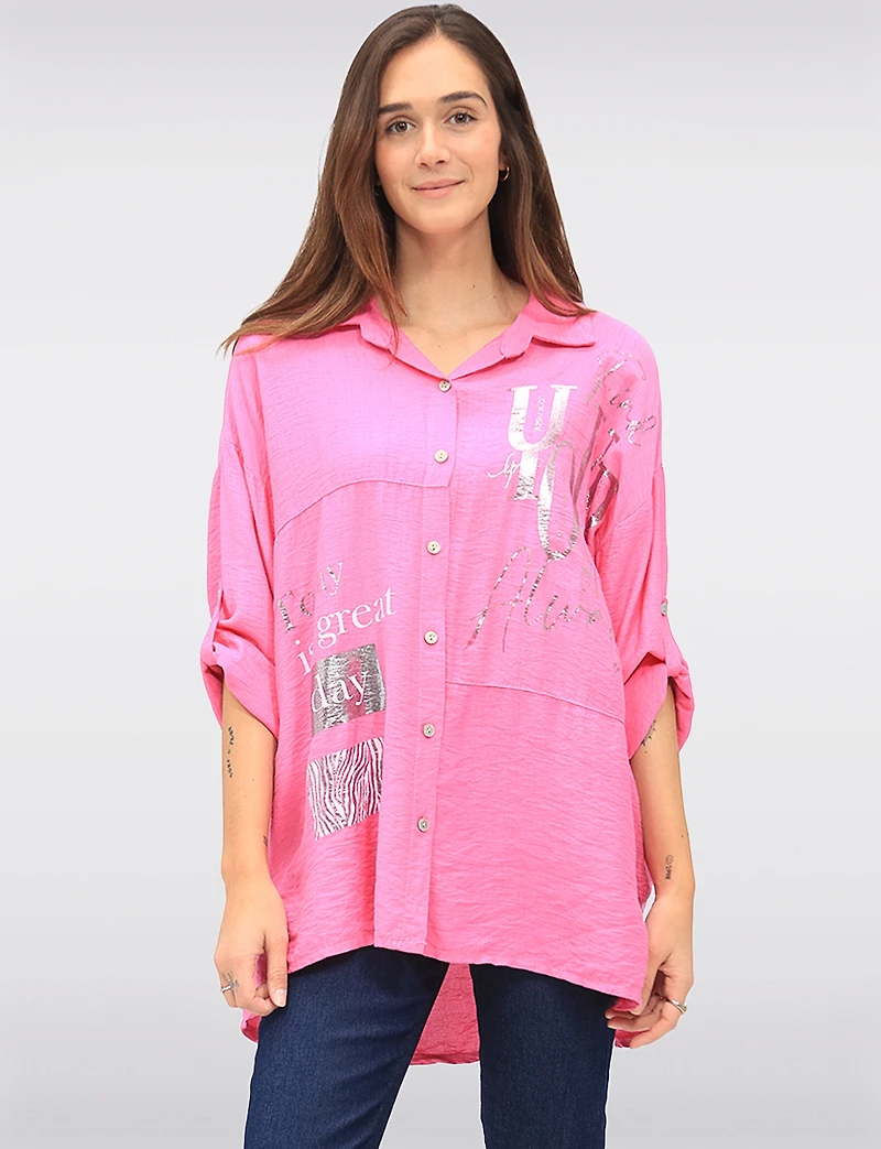 Relaxed Fit Button-Down Shirt with Metallic Graphic Script by Froccella