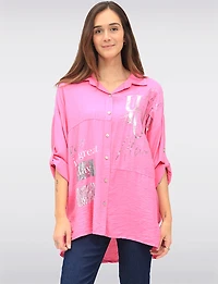 Relaxed Fit Button-Down Shirt with Metallic Graphic Script by Froccella