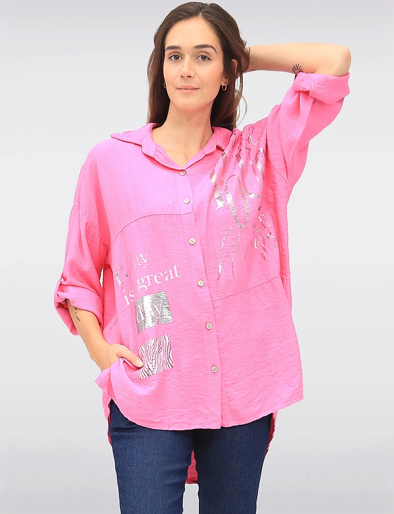 Relaxed Fit Button-Down Shirt with Metallic Graphic Script by Froccella