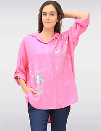 Relaxed Fit Button-Down Shirt with Metallic Graphic Script by Froccella