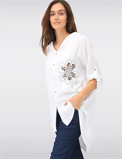 Casual Button-Front Floral Cheetah Print & Rhinestone Detail Hoodie by Froccella