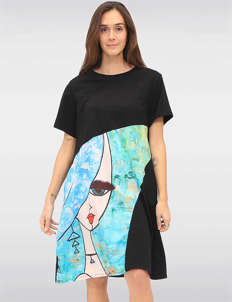 Abstract Face Print Round Neck Short Sleeve Cotton T-Shirt Dress by Froccella
