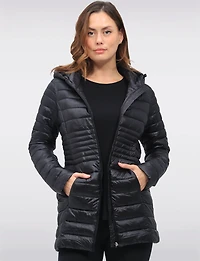 Long Vegan Ultra-Lightweight Eco-Down Hooded Puffer Jacket by Point Zero
