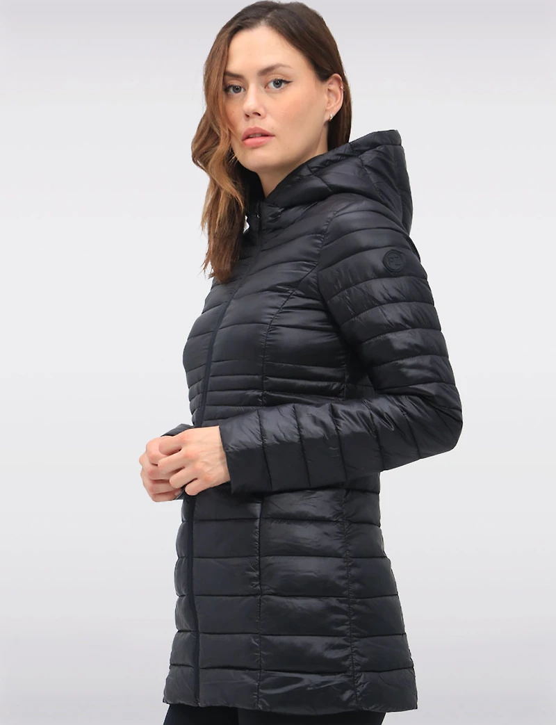 Long Vegan Ultra-Lightweight Eco-Down Hooded Puffer Jacket by Point Zero