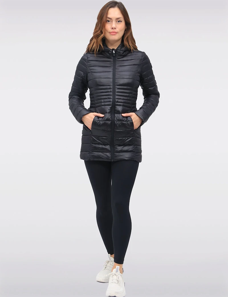 Long Vegan Ultra-Lightweight Eco-Down Hooded Puffer Jacket by Point Zero