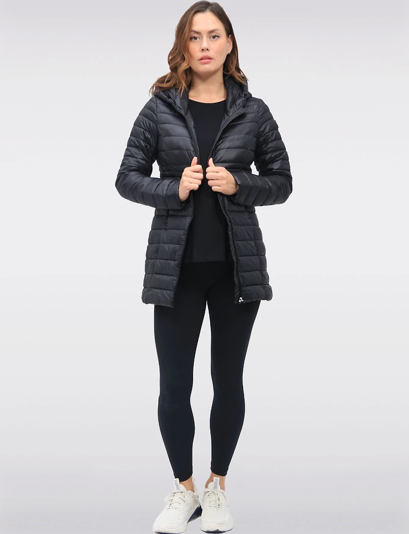 Long Vegan Ultra-Lightweight Eco-Down Hooded Puffer Jacket by Point Zero