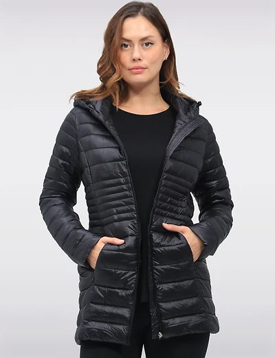 Long Vegan Ultra-Lightweight Eco-Down Hooded Puffer Jacket by Point Zero