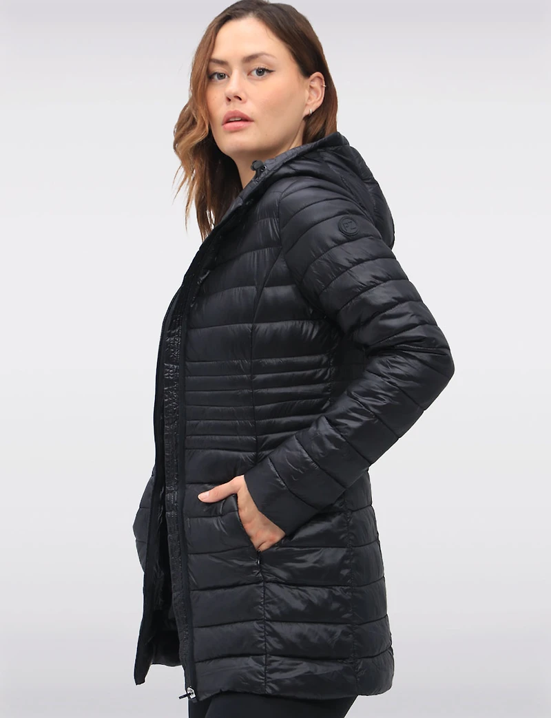 Long Vegan Ultra-Lightweight Eco-Down Hooded Puffer Jacket by Point Zero