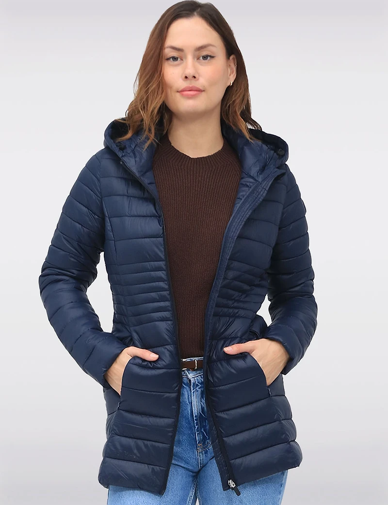 Long Vegan Ultra-Lightweight Eco-Down Hooded Puffer Jacket by Point Zero