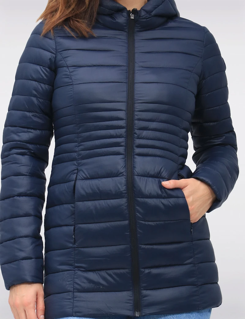 Long Vegan Ultra-Lightweight Eco-Down Hooded Puffer Jacket by Point Zero