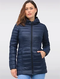 Long Vegan Ultra-Lightweight Eco-Down Hooded Puffer Jacket by Point Zero