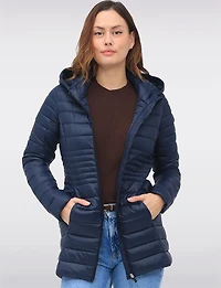 Long Vegan Ultra-Lightweight Eco-Down Hooded Puffer Jacket by Point Zero