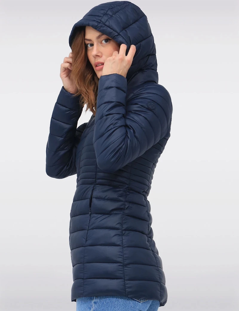 Long Vegan Ultra-Lightweight Eco-Down Hooded Puffer Jacket by Point Zero