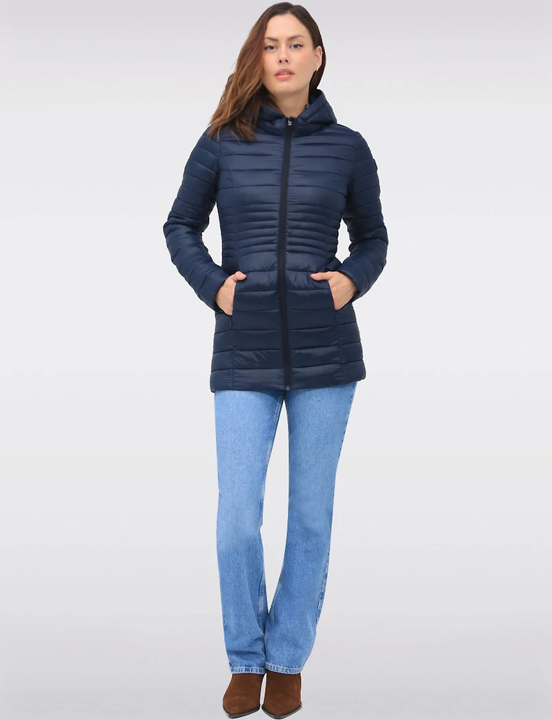 Long Vegan Ultra-Lightweight Eco-Down Hooded Puffer Jacket by Point Zero