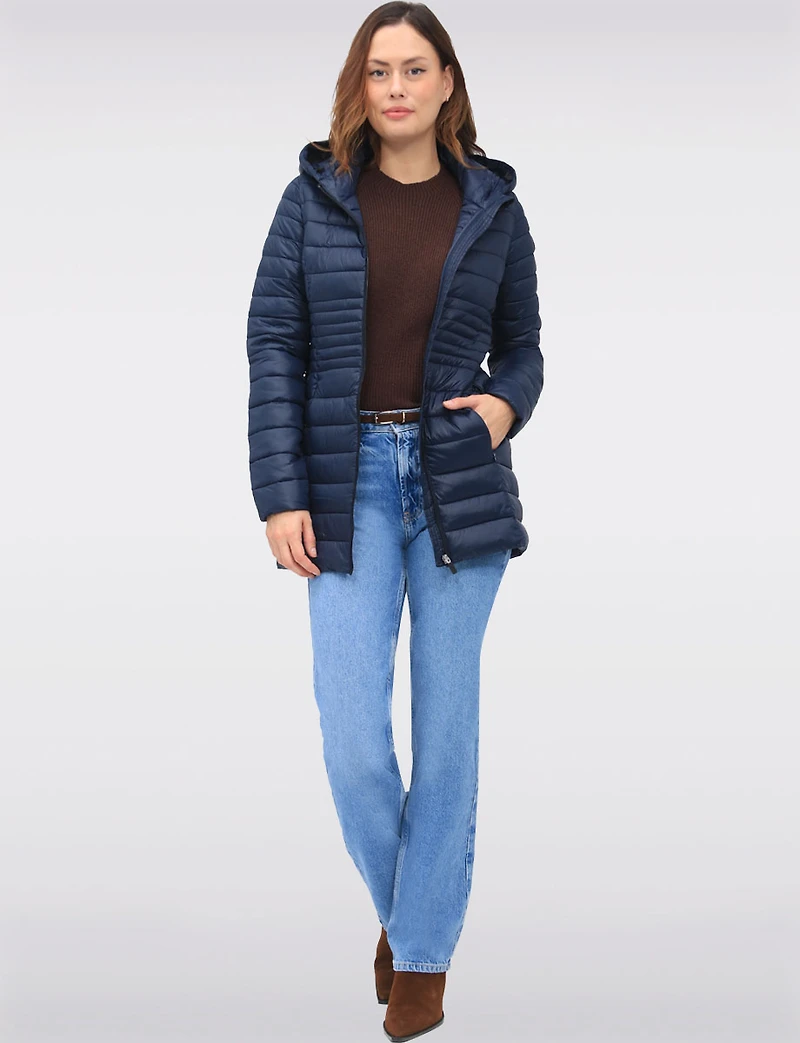 Long Vegan Ultra-Lightweight Eco-Down Hooded Puffer Jacket by Point Zero