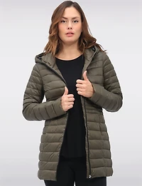 Long Vegan Ultra-Lightweight Eco-Down Hooded Puffer Jacket by Point Zero