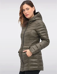 Long Vegan Ultra-Lightweight Eco-Down Hooded Puffer Jacket by Point Zero